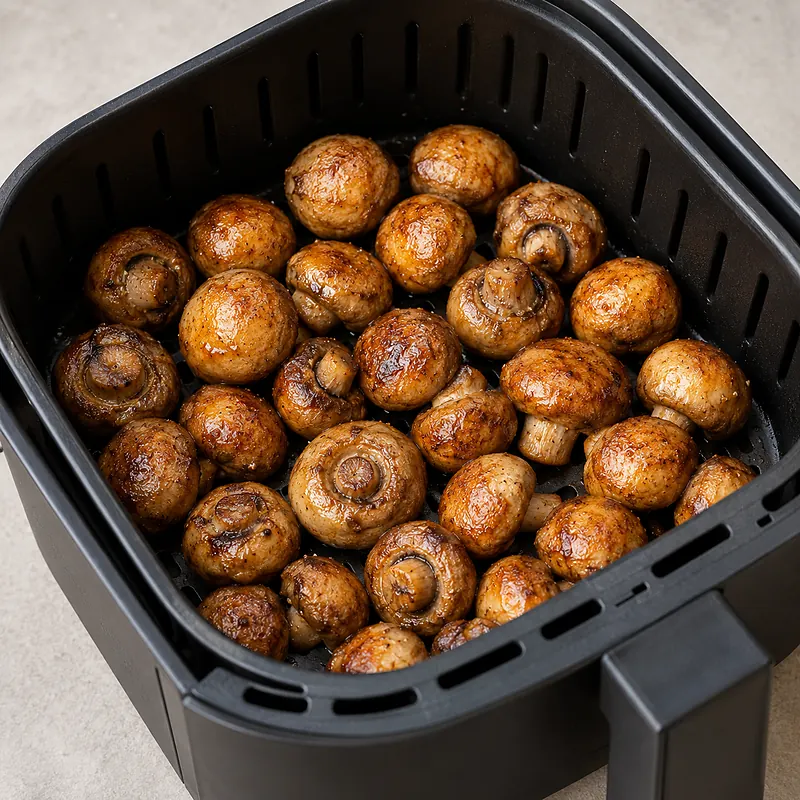 Mushrooms in an air fryer basket
